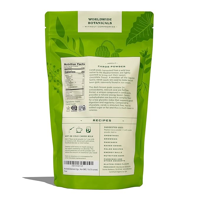 Worldwide Botanicals Organic Carob Powder, Medium Roast – 1 lb – Caffeine Free Cocoa Alternative – Low Fat Super Food with Natural Sweetness– Gluten Free, Kosher, 16 ounces