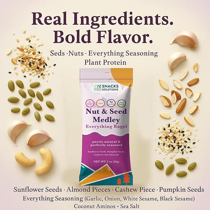 Snacks Solutions Nut and Seed Medley (2 oz - Pack of 8, Everything Bagel) Gluten Free, Natural and Perfectly Seasoned, Sunflower Seeds, Pumpkin seeds, Cashews and Almonds