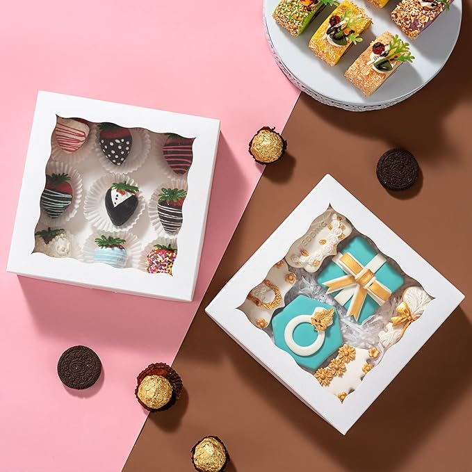 RomanticBaking 14pcs 7" x 7" x 2 1/2" Inches Bakery Boxes with Window for Pie, Cookies, Chocolate Covered Strawberries, Cakesickle, Brownies
