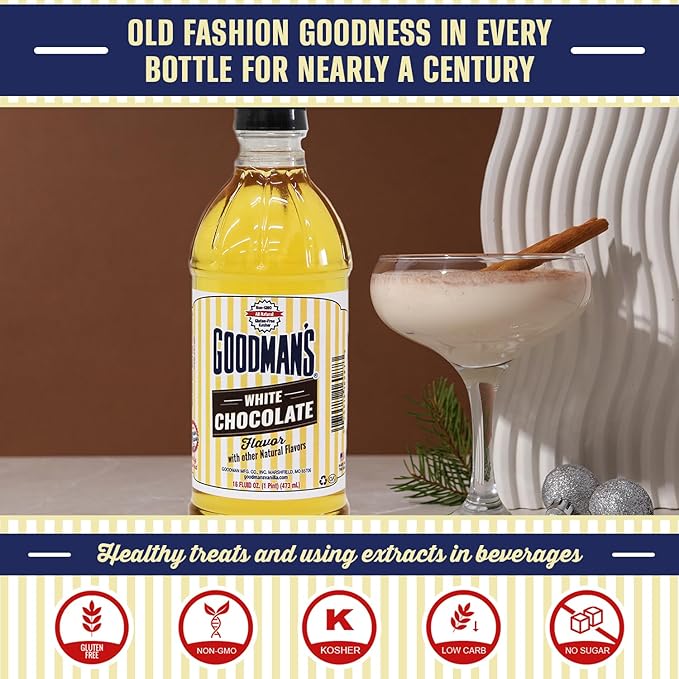 Goodman's White Chocolate Flavor - Gluten-Free, Non-GMO, Kosher - For Keto and Plant-Based Recipes - Ideal for Cakes, Cookies, Hot Chocolate, Cocktails, and More! Low Carb & Low Calorie (16oz Bottle)