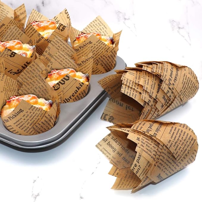 150pcs Tulip Cupcake Liners Baking Cups Muffin Liner Grease-Proof Paper Cupcake Wrappers for Wedding, Birthday Party, Standard Size (Natural Newspaper Printed)