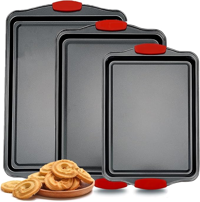Non-Stick Baking Sheets Set of 3, Deluxe Black Non-Stick Carbon Steel, Commercial Grade Restaurant Quality Metal Bakeware with Red Silicone Handles(Black)