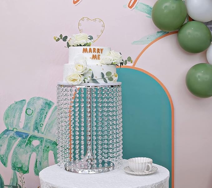 LANLONG Wedding Cake Stand for Dessert Table 12 Inch Silver Crystal Pendants Metal Cake Stand Serves as A Round Dessert Cupcake Display Plate 16 Inch Tall (Silver)