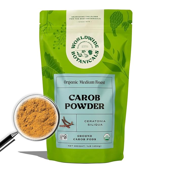 Worldwide Botanicals Organic Carob Powder, Medium Roast – 1 lb – Caffeine Free Cocoa Alternative – Low Fat Super Food with Natural Sweetness– Gluten Free, Kosher, 16 ounces, Pack of 2