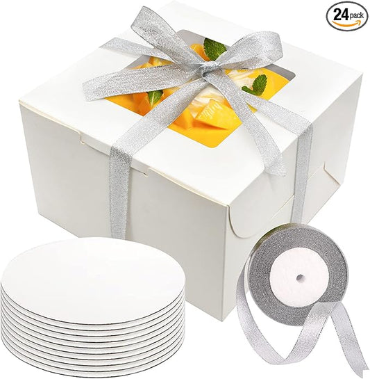 8 Inch Cake Boxes 24pcs Cake Boxe with window 8x8x5 Inches Bakery Boxes Cajas Pasteles for Cake,Pastries,Cookies,Pie,Birthday Party,Wedding (White)