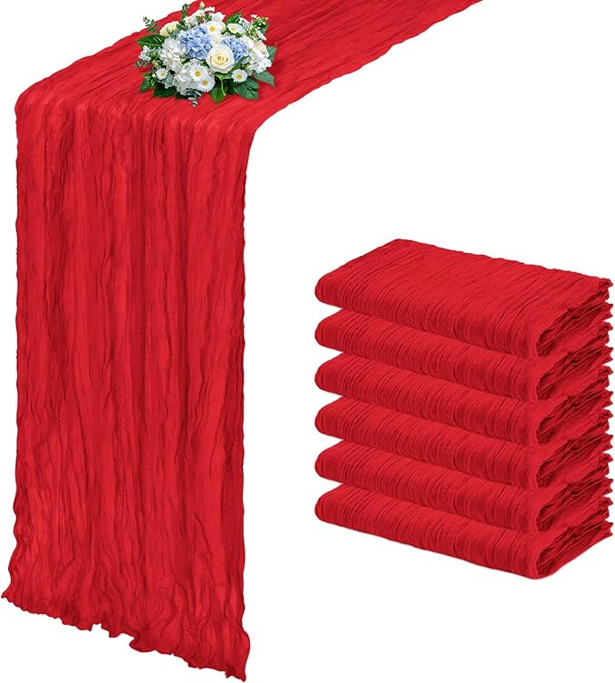 6 Pack Red Cheesecloth Table Runner 17x108 Inch Semi Sheer Boho Gauze Cheese Cloth Fabric Table Runners, for Wedding Party Baby Shower Birthday Home Decor Garden Farmhouse