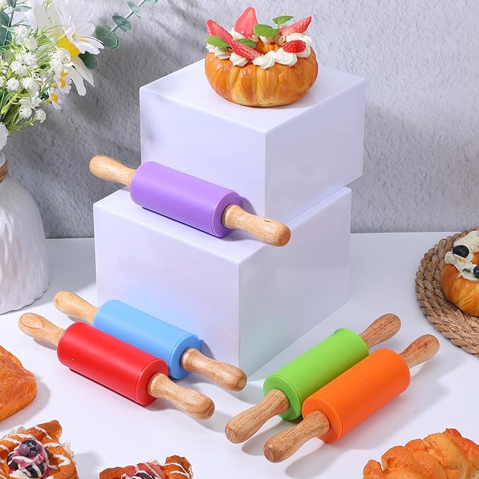 10 Pcs 9 Inch Mini Rolling Pin for Kids, Silicone Wooden Non-Stick Cooking Pins Baking, 5 Colors for Kitchen Dough Cookie Pastry Fondant Cake