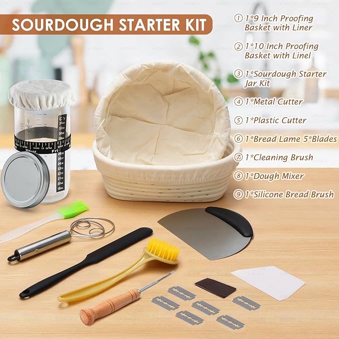 Soudough bread baking supplies, Upoomart Banneton Bread Proofing Basket Set of 2, 9 Inch Round & 10 Oval Cane, 34oz Sourdough Starter Jar Kit, Dough Scraper Linen Liner
