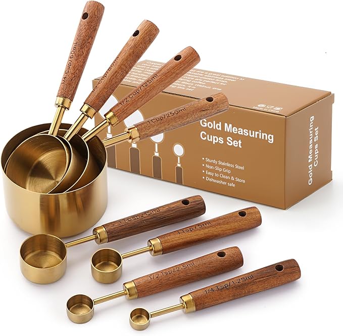 Gold Measuring Cups and Spoons Set, 8 Piece Premium Stainless Steel Measuring Cups with Wood Handles for Baking Supplies in the Kitchen (Gold)