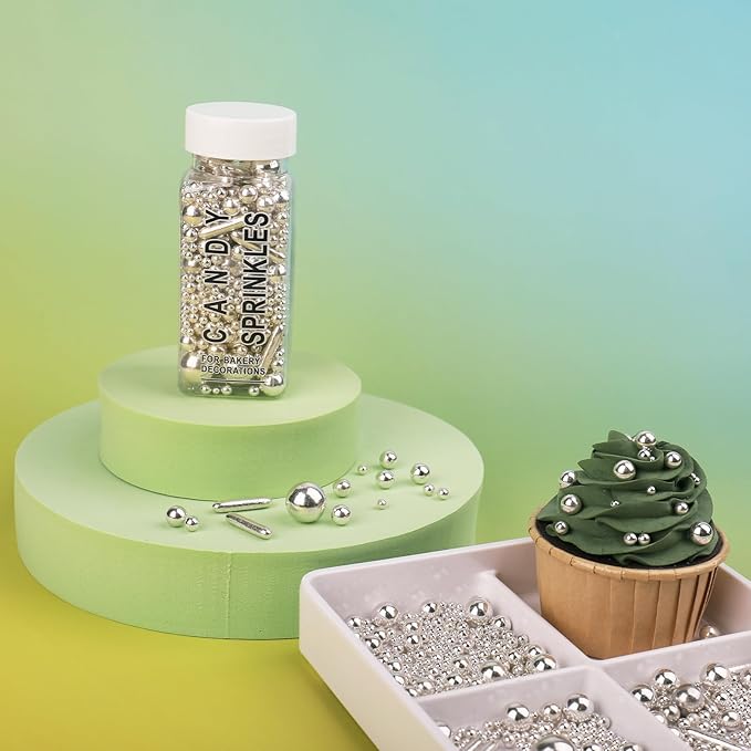Sliver Sprinkles for Cake Decorating, 4.6Oz Silver Rod and Pearl Sprinkles Mix for Baking, Cupcake, Cookie, Ice Cream, Donuts and Cake Decorating