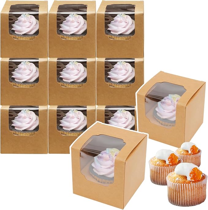 Bakepacker Auto-pop up Cupcake Boxes 100-Packs Individual Cupcake Container Brown 3.5" x 3.5" x 3.5" Single Cupcake Boxes