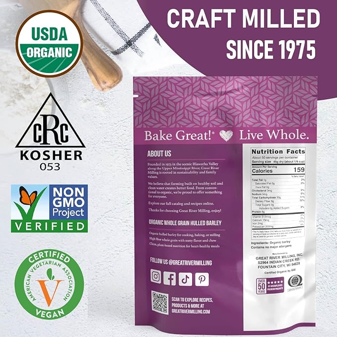Great River Milling Organic Hulled Barley Grain | Whole Grain Barley for Home Milling, Cooking, and Baking | High Fiber, Non GMO, Kosher | 5 Lb