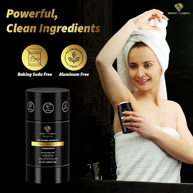 100% Natural Deodorant - Baking Soda & Aluminum Free - Gentle for Sensitive Skin - Long Lasting Protection (Sandalwood)