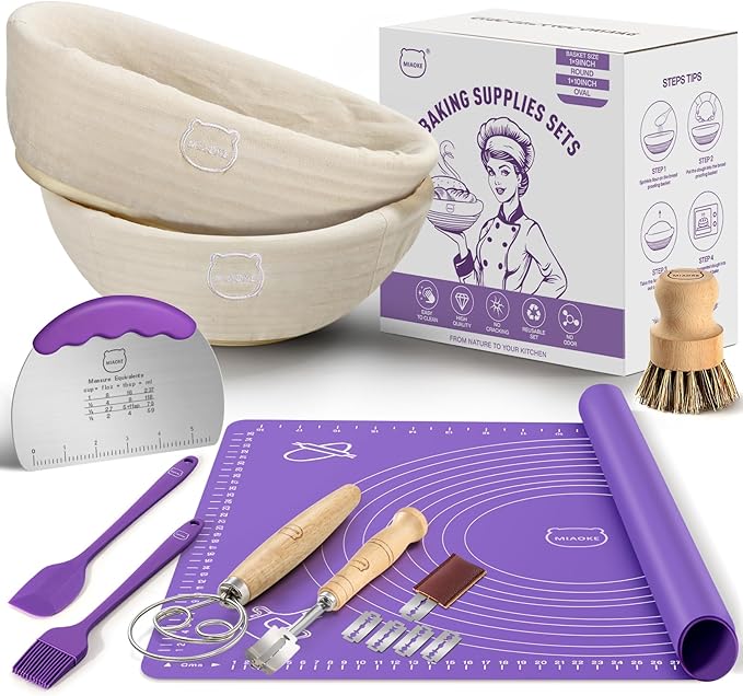 MIAOKE Sourdough Bread Baking Supplies Kit - Dough Whisk, Breads Lame, Proofing Baskets 10 Inch Round and 9 Oval, Dough Scrapers, Cooking Brush, Basket Liners Complete Sourdough Starter Bread Gift Set