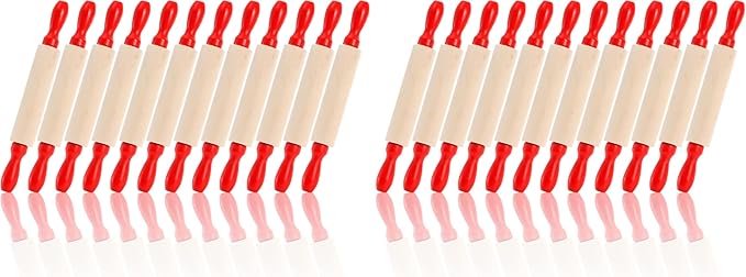 SOUJOY Set of 12 Mini Rolling Pin, 8 Inch Wood Dough Roller for Baking with Red Handle, Small Clay Rolling Pin for Craft Fondant Pastry Pizza Crafting and Imaginative Play (Pack of 2)