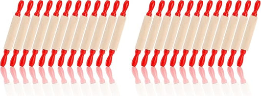 SOUJOY Set of 12 Mini Rolling Pin, 8 Inch Wood Dough Roller for Baking with Red Handle, Small Clay Rolling Pin for Craft Fondant Pastry Pizza Crafting and Imaginative Play (Pack of 2)