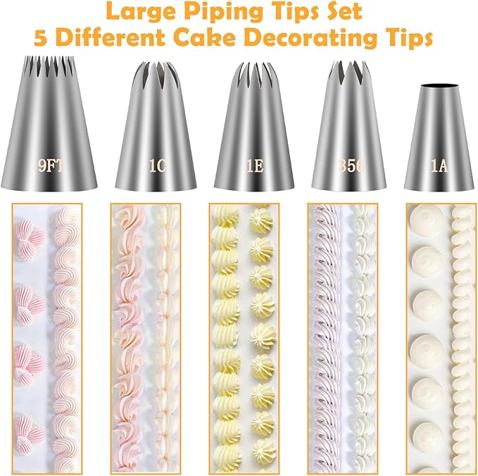 5Pcs Large Piping Tips Set Food Grade Stainless Steel Cake Decorating Tips Frosting Piping Kit for Cupcakes Cake Pastries Cookie Decorating Supplies Baking Set Tools (1A 1E 1C 9FT 356)