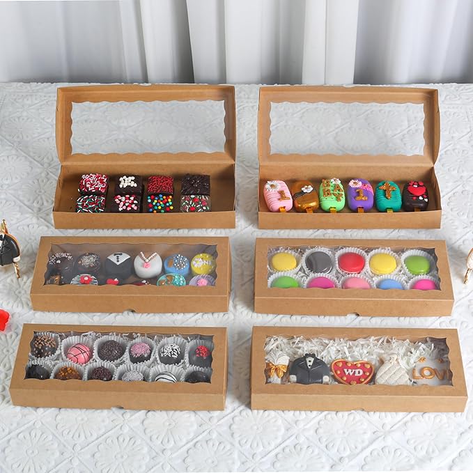 50pcs 12x5x1.5Inches Brown Cookies Boxes with Window Bakery Boxes Chocolate Truffle Boxes Macaron Boxes Cakesickle Boxes Browines Treat Boxes for Christmas Valentine's Father's Mother's Day