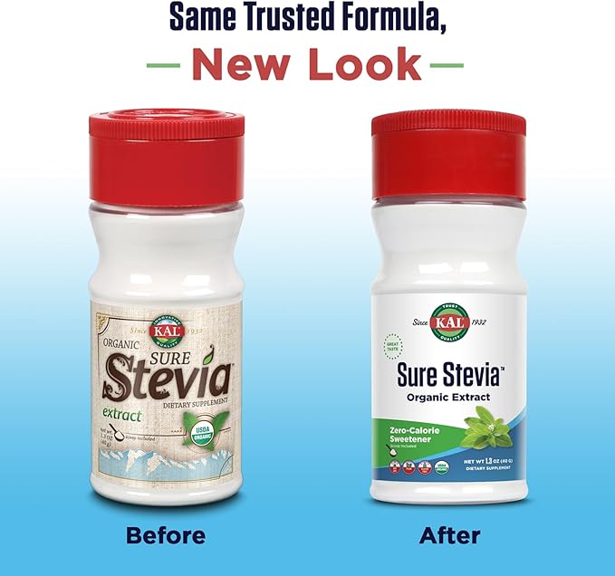 KAL Sure Stevia Extract, Organic Stevia Powder, Low Carb, Zero Calorie Sweetener, Keto Friendly, Great Taste, Low Glycemic, Vegan, Gluten Free, No Fillers, 60-Day Guarantee, Approx. 690 Servings, 1.3oz