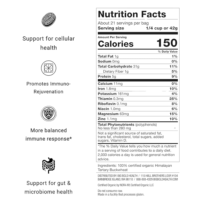 BIG BOLD HEALTH Himalayan Tartary Buckwheat Organic Gluten Free Flour | 100+ Immune-Active Nutrients | 100% USDA Organic Grain-Free Flour | Non-GMO | USA Grown (2lb)