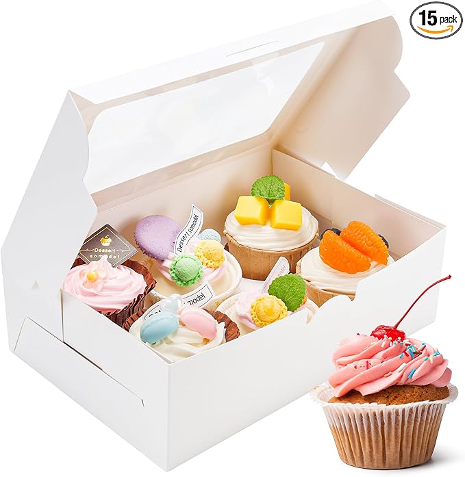 15 Pack Cupcake Boxes with Inserts 6 Holders, White Standard Bakery Boxes with Window Food Grade Cupcake Containers 6 Count for Muffins