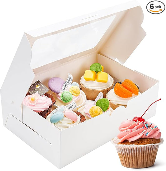 6 Pack Cupcake Boxes with Inserts 6 Holders, White Standard Bakery Boxes with Window Food Grade Cupcake Containers 6 Count for Muffins