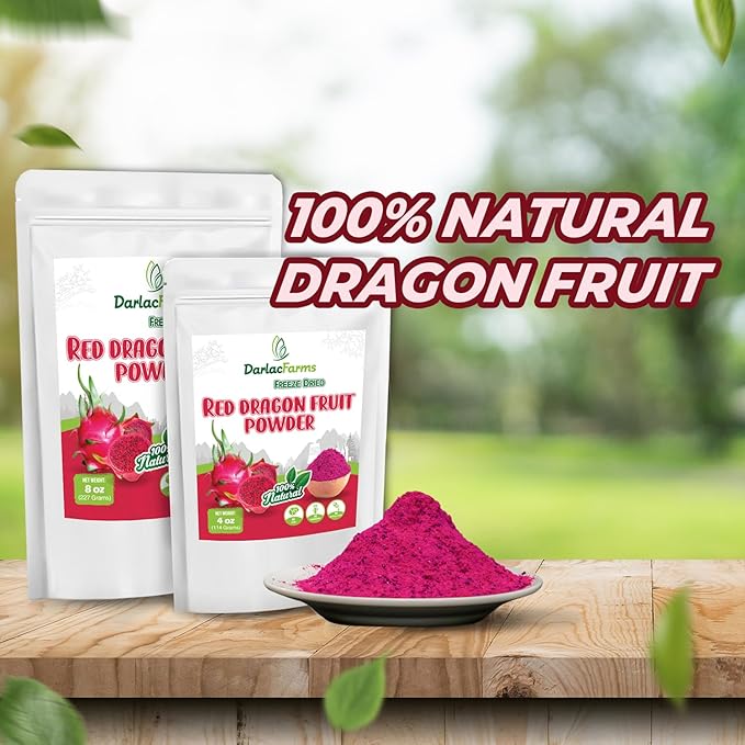 DARLAC FARMS Freeze Dried Red Dragon Fruit Powder 8Oz, Natural ingredients, Nutrient-rich, Vegan, No Add Sugar, Preservative-free, Convenient zip-lock Pouch, Perfect for Drinks, Smoothies, Baking