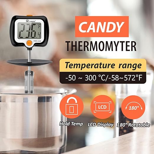 Digital Candy Thermometer with Adjustable Display, 304 Stainless Steel Probe, -58°F~572°F, Includes 2 Pot Clips & Heat-Insulating Pad for Sugar Syrup, Jam, Chocolate, Frying Oil (Black)