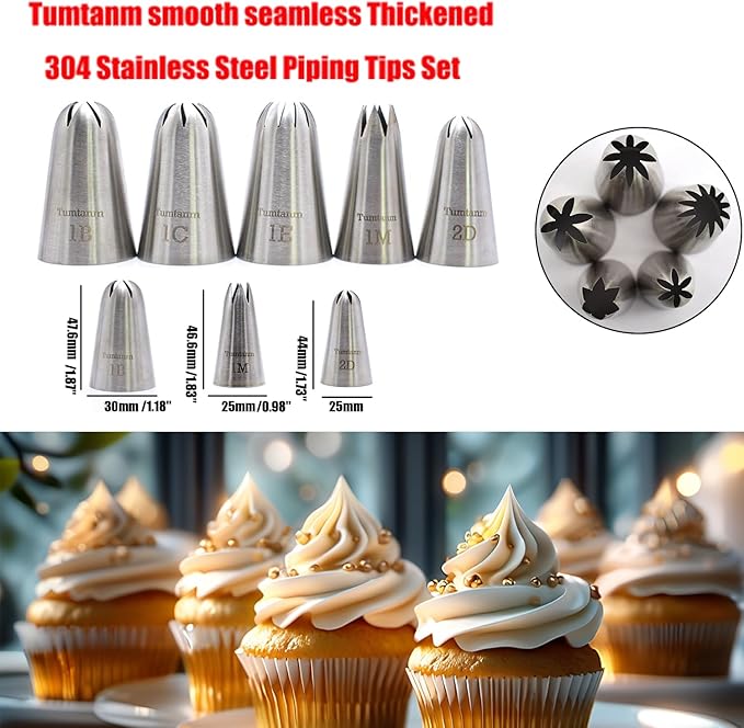 5 Pack Extra Large Piping Nozzles, 1B 1C 1E 1M 2D# Seamless Stainless Steel Piping Icing Tips for Cupcakes