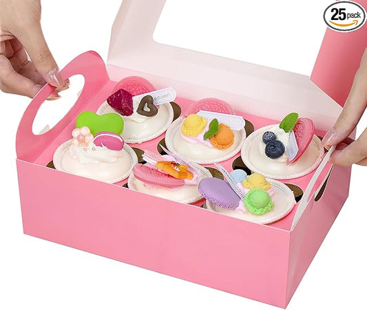 25 Pink Cupcake Boxes, Cupcake Boxes 6 Count with Window and Inserts, Mother's Day Cupcake Holders for Cupcakes, Muffins, Cookies