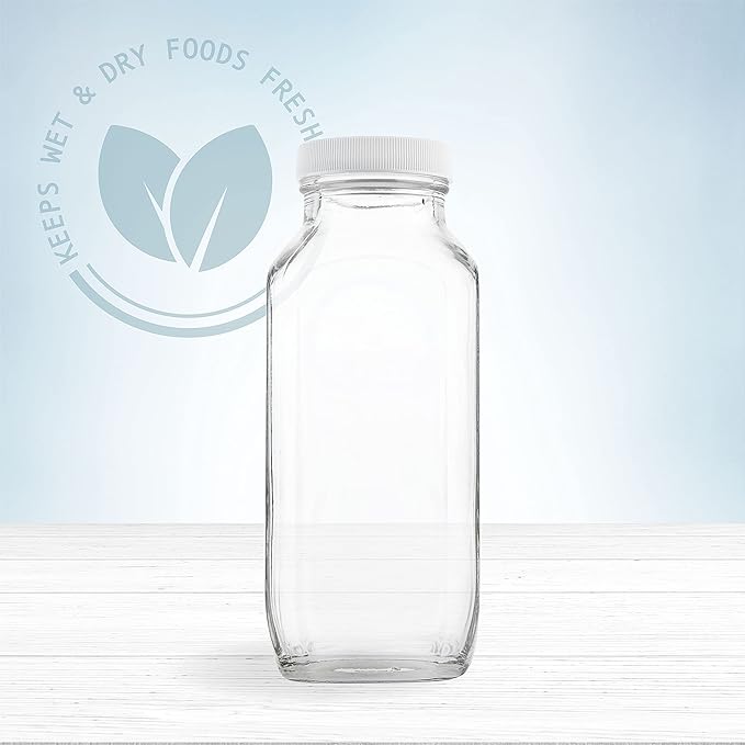 kitchentoolz 16oz Square Glass Milk Bottle with Lid - Airtight Vintage Reusable Dairy Drinking Jars Containers for Milk, Yogurt, Smoothies, Juice, Kefir, & Water -2 Pack 16 oz Glass Bottles with Lids