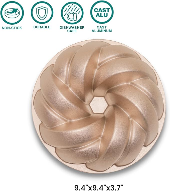 Baker's Secret Fluted Cake Pan, Heavy Duty Die Cast Aluminum Fluted Cake Baking Pan, 2 Layers Non-stick Coating For Easy Release (Cordon)