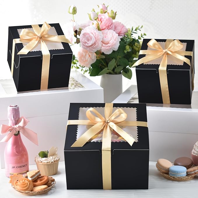 KPOSIYA 40pcs 8x8x5 inches Cake Boxes with Cake Boards（20 Boxes & 20 Boards）, Black 8 inch Cake Boxes with Window,Cajas Pasteles Square Cardboard Cake Containers for Christmas Thanksgiving