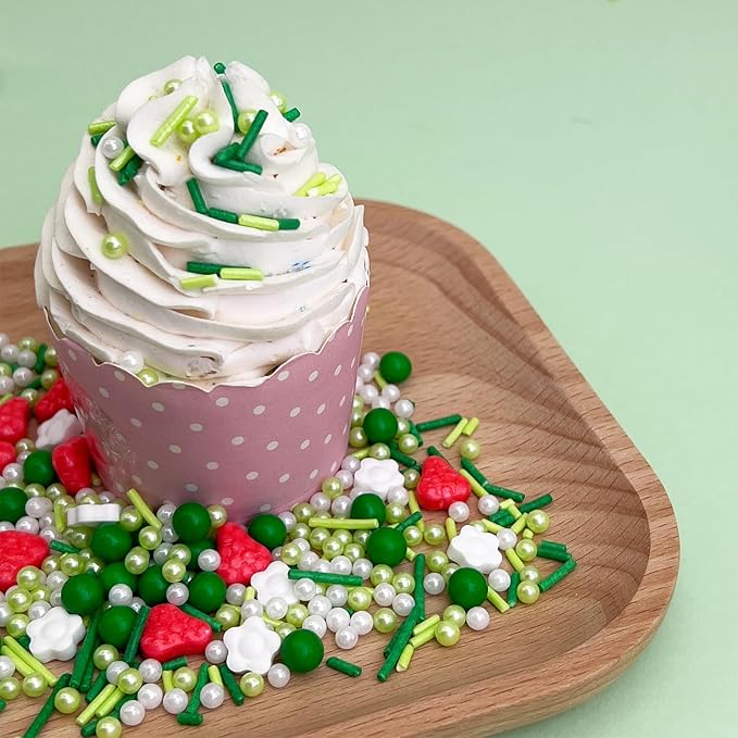 Green Sprinkles for Cake Decorating, Spring Sprinkles Mix with Strawberry Pearl Jimmies Flower for Ice Cream Cupcakes Baking Cookies Cake Topping