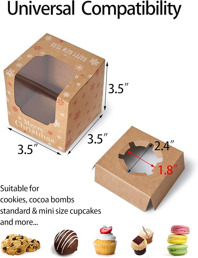 Kraft Brown Cupcake Boxes Christmas Individual with White Christmas Trees and Red Snowflakes 200 Pack for Holiday Gift