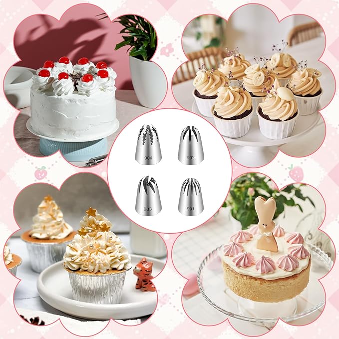 4 Pcs Stainless Steel Frosting Tips, Professional Cake Decorating Tips-Set, Large Piping Tips Set, DIY Icing Nozzle Tool for Cupcakes, Cakes, Cookies, Pastry Decorating Kit