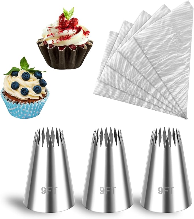 Churro Piping Tips and Bags Set, 3 Pcs Extra Large 9FT Piping Tips with 20 Pcs Disposable Pastry Bags, Stainless Steel Open Star Pastry Tip for Eclair