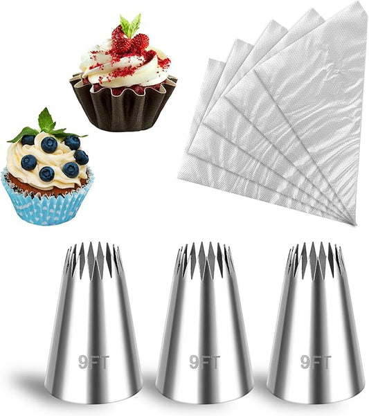 Churro Piping Tips and Bags Set, 3 Pcs Extra Large 9FT Piping Tips with 20 Pcs Disposable Pastry Bags, Stainless Steel Open Star Pastry Tip for Eclair