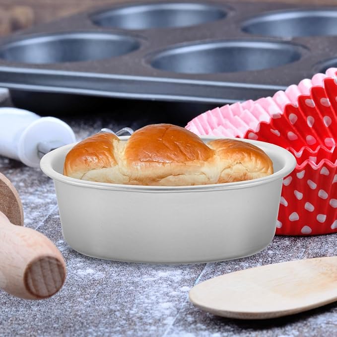 PRETYZOOM 4Pcs Oval Aluminum Alloy Cake Mold 4 Inch Nonstick Mini Baking Pans for Cheesecake Quiche Flan Bread Oven Use