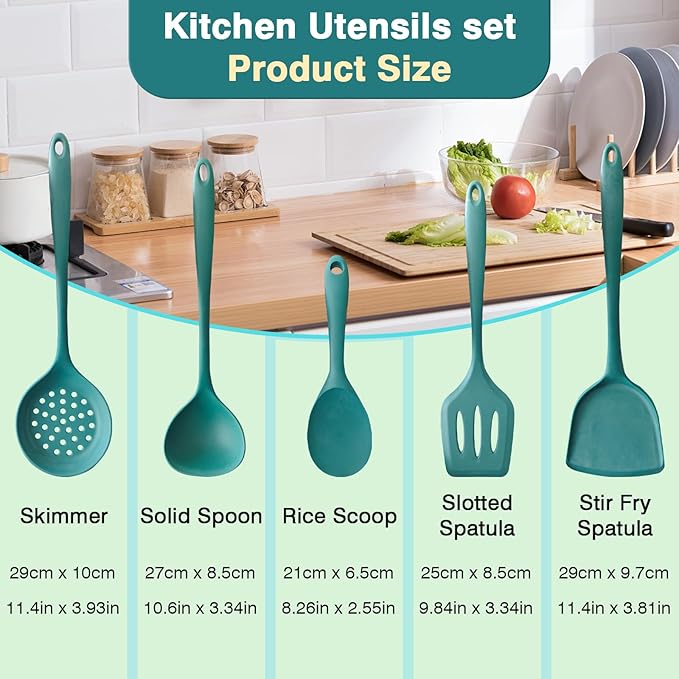 5-Piece Silicone Kitchen Utensil Set.Non-Stick & Heat Resistant Cooking Spatulas.Spoons & Turner-BPA Free.Dishwasher Safe for Baking and Frying
