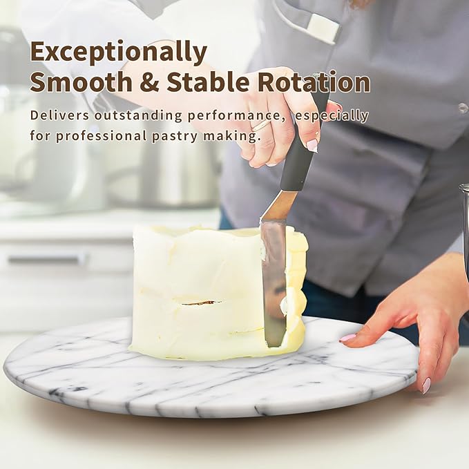 Marble Lazy Susan Turntable for Dining Table & Countertop - 12 Inch White Stone Lazy Susan Cake Stand with Smooth 360° Rotation for Kitchen Serving, Food Display & Decorating