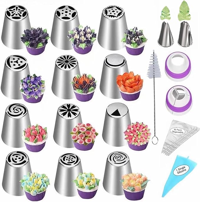 28 Pcs Russian Piping Tips Set, Frosting Nozzle Kit, Baking Supplies for Cookie Cupcake (12 Icing Tips 10 Pastry Baking Bags 2 Leaf Piping Tips 2 Couplers 1 Silicone Bag 1 cleaning brush)