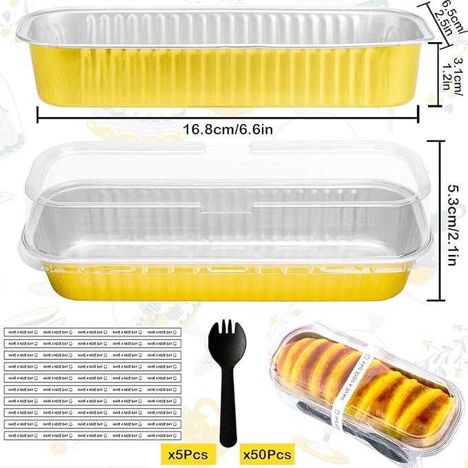 50 Pack Mini Loaf Pans with Lids and Spoons, 6.8 Oz Mini Cake Pans with Lids for Baking, Disposable Rectangle Aluminum Foil Loaf Pan with Stickers，Small Cake Containers Tin（Gold）