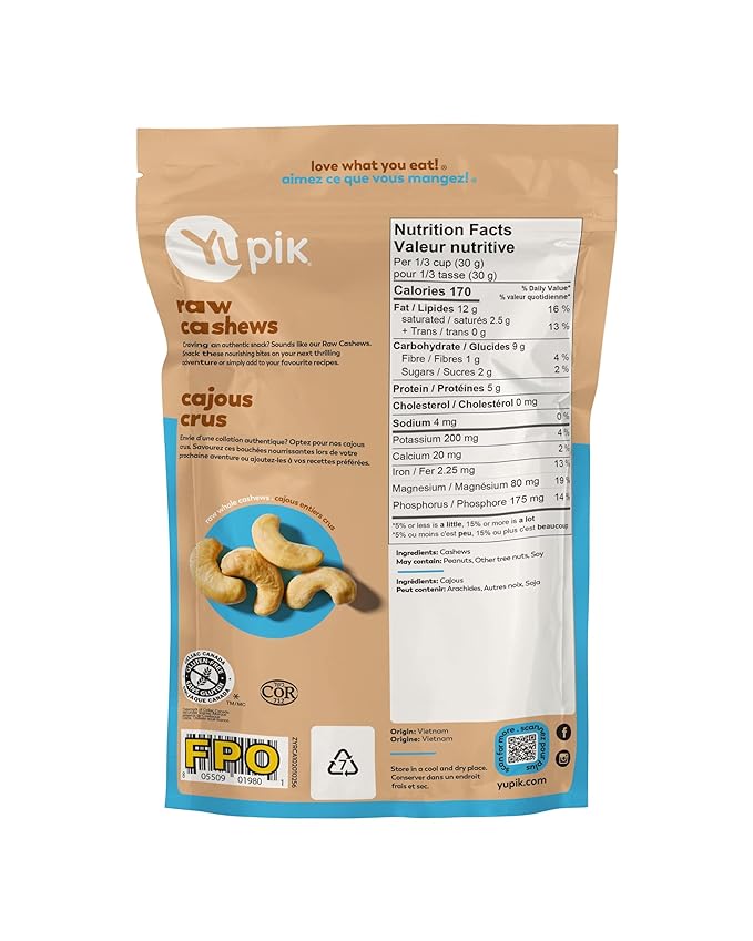 Yupik Raw Whole Cashews, 9 Oz, Gluten-Free, Kosher, Raw Nuts, Unsalted, Unroasted, Oil-Free, Nutritious & Healthy Snacks