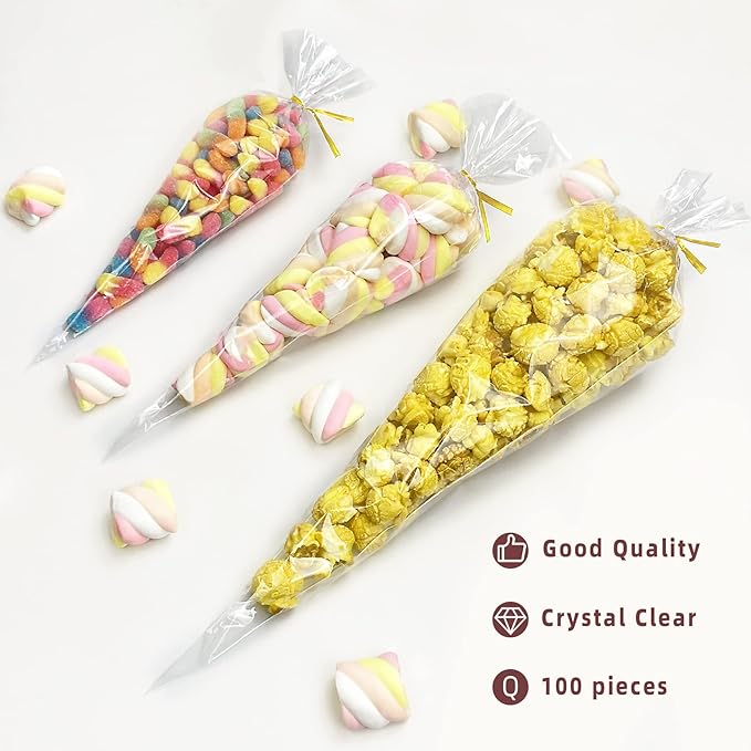 Morepack Cone Shaped Treat Bags, 6.3x11.8 Inches Clear Cone Shaped Cellophane Treat Bags, Triangle Plastic Bag for Popcorn Favor, Candy,100 Pieces
