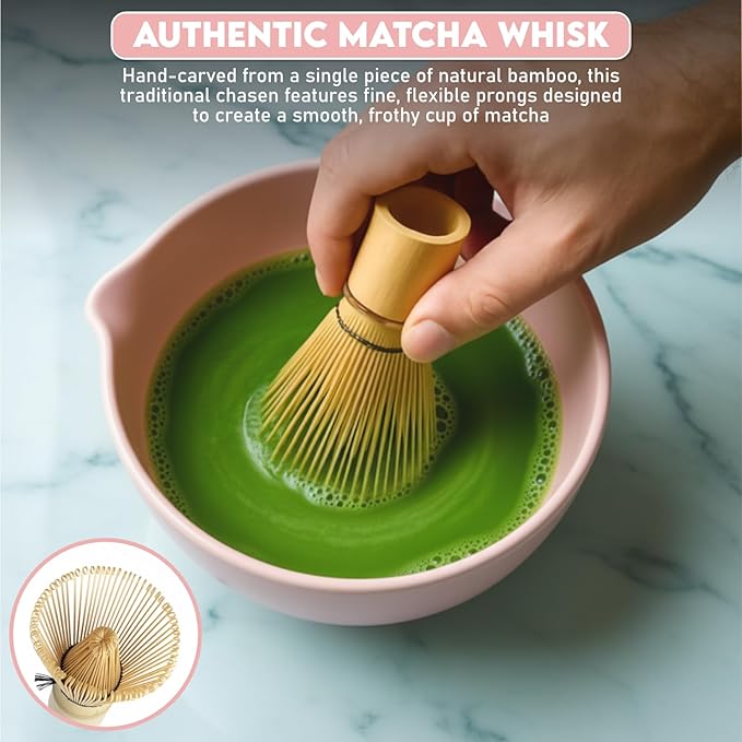 10 Pcs Matcha Kit Set, Ceramic Matcha Set Includes 17oz Matcha Bowl, Bamboo Whisk and Scoop, Whisk Holder, Sifter, Scoop holder, Measuring Cup, Powder Caddy, Tea Towel and Instruction Manual (Pink)