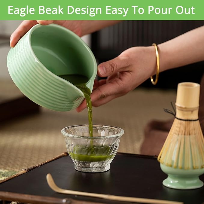 Matcha Whisk Set, Green Matcha Kit with Bowl, Whisk, Bamboo Scoop, Scoop Rest, Sifter - 5 Pcs Kit for Lover