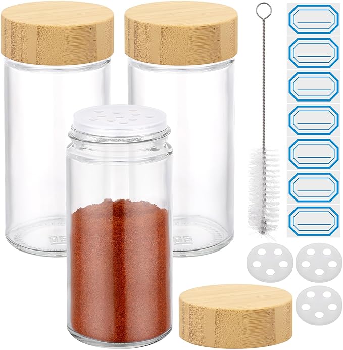 Segarty 3oz Round Spice Containers with Bamboo Shaker Lids, 3 PCS 90ml Spices Jars, Empty Glass Seasonings Organizers for Condiment Herb Storage, Small Salt and Pepper Shakers with 7 Stickers, 1 Brush