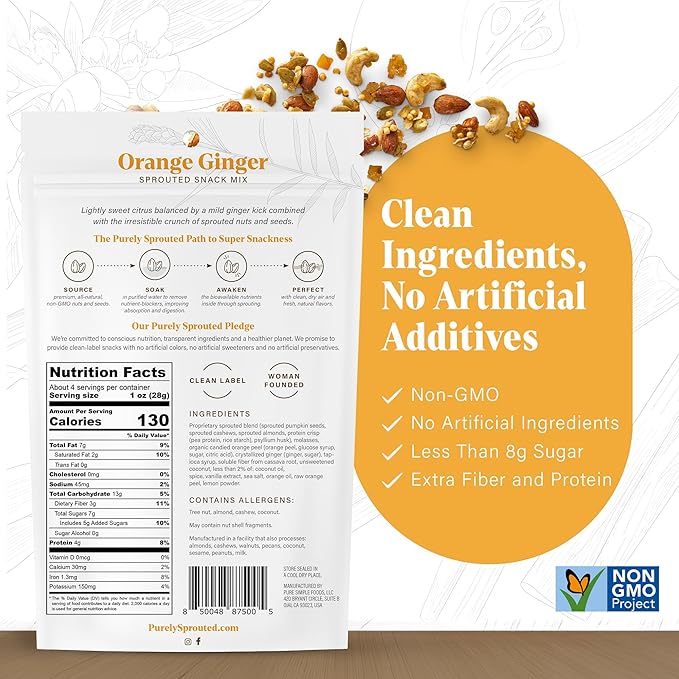 Purely Sprouted Orange Ginger Sprouted Snack Mix with Almond, Cashew Nuts & Pumpkin Seeds – Grain and Gluten Free, Vegan – Ideal for On-the-Go, 4oz, 6 pack