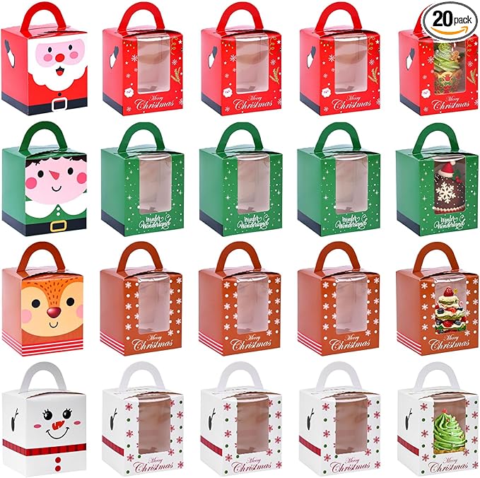 20PCS Colorful Christmas Cupcake Boxes, Cookie Boxes with Window for Party Favors Pastries Donuts Family Friends 3.7"x 3.7"x 4.3"